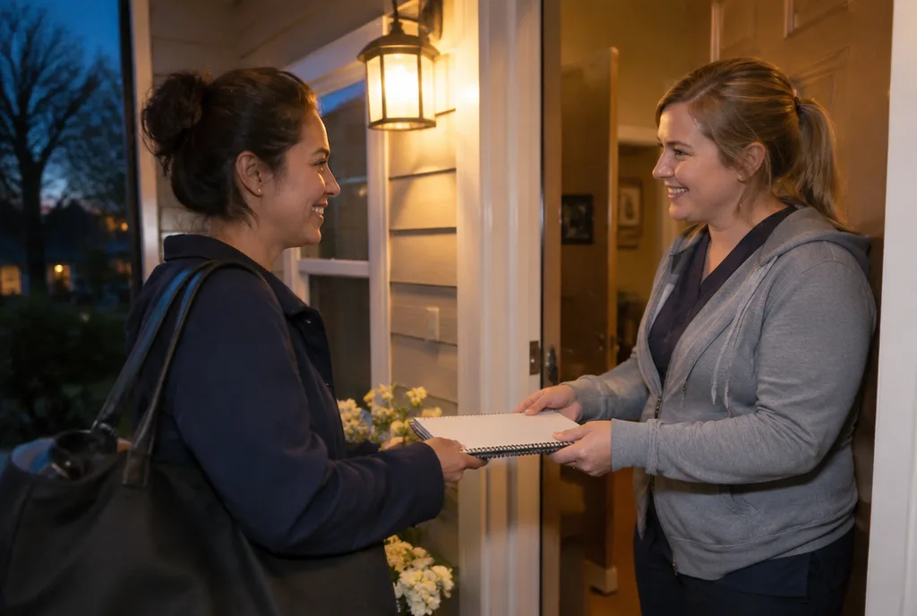 Day and night caregivers at a shift change at the front door
