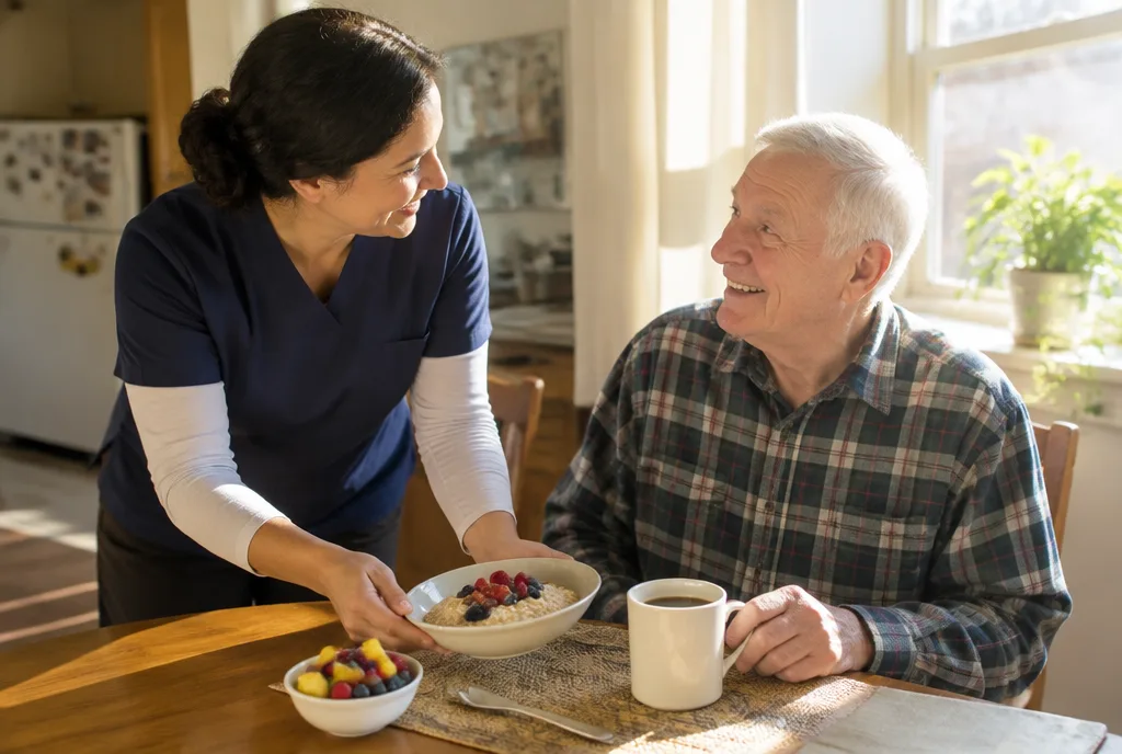 Live-in caregiver serving breakfast to an older man