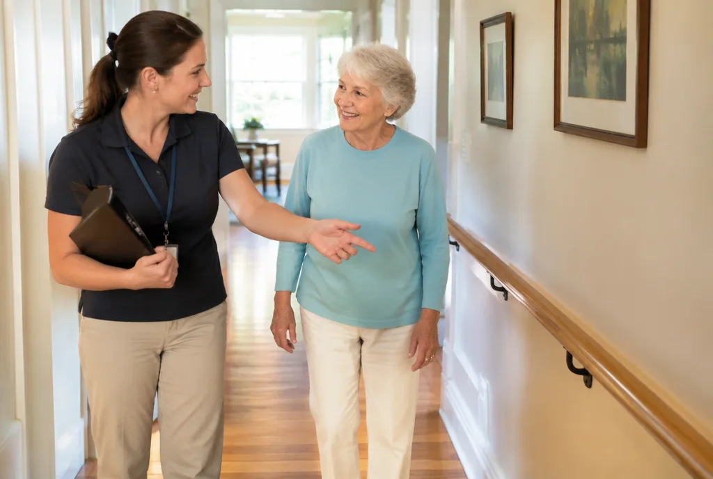Occupational therapist checking a handrail with an older woman at home
