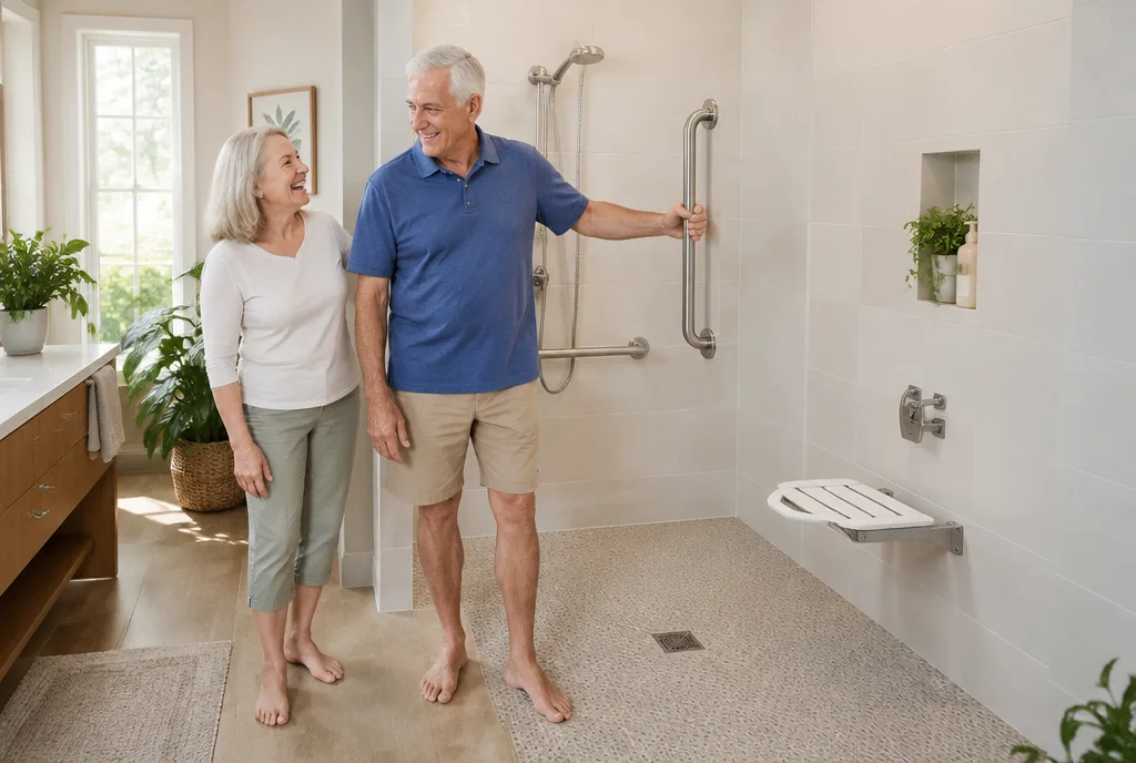 Older couple in an accessible bathroom with walk-in shower and grab bars