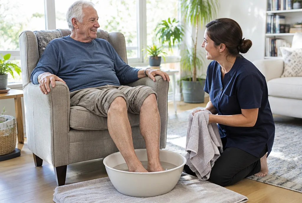 Caregiver helping an older man with a warm foot soak