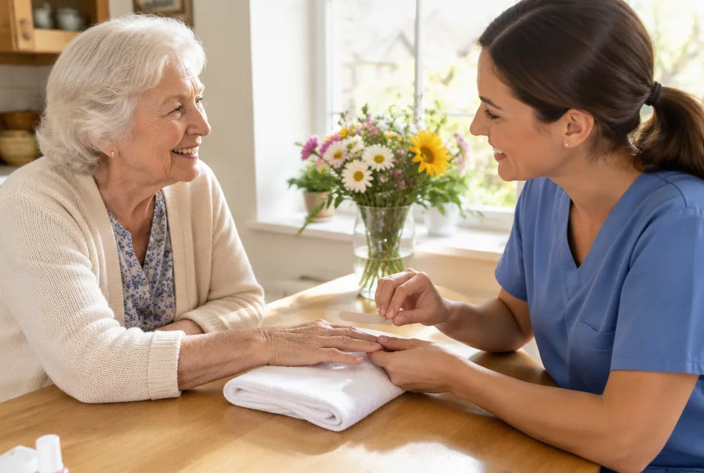Caregiver filing an older woman's fingernails at the kitchen table