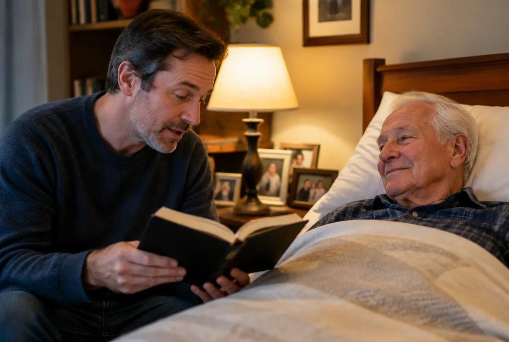 Son reading to his father at the bedside at home