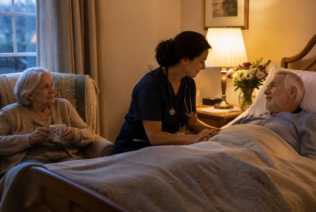 Hospice nurse checking on an older man at home in the evening
