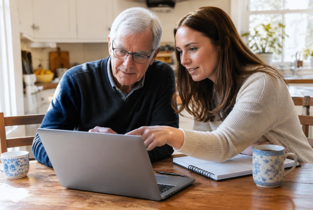 Older man and his daughter checking Medicare coverage on a laptop