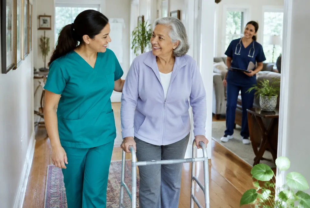 Home health aide helping an older woman with a walker after a hospital stay