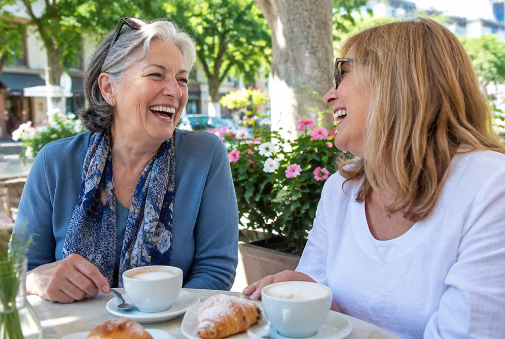 Family caregiver laughing with a friend at a cafe during a respite break
