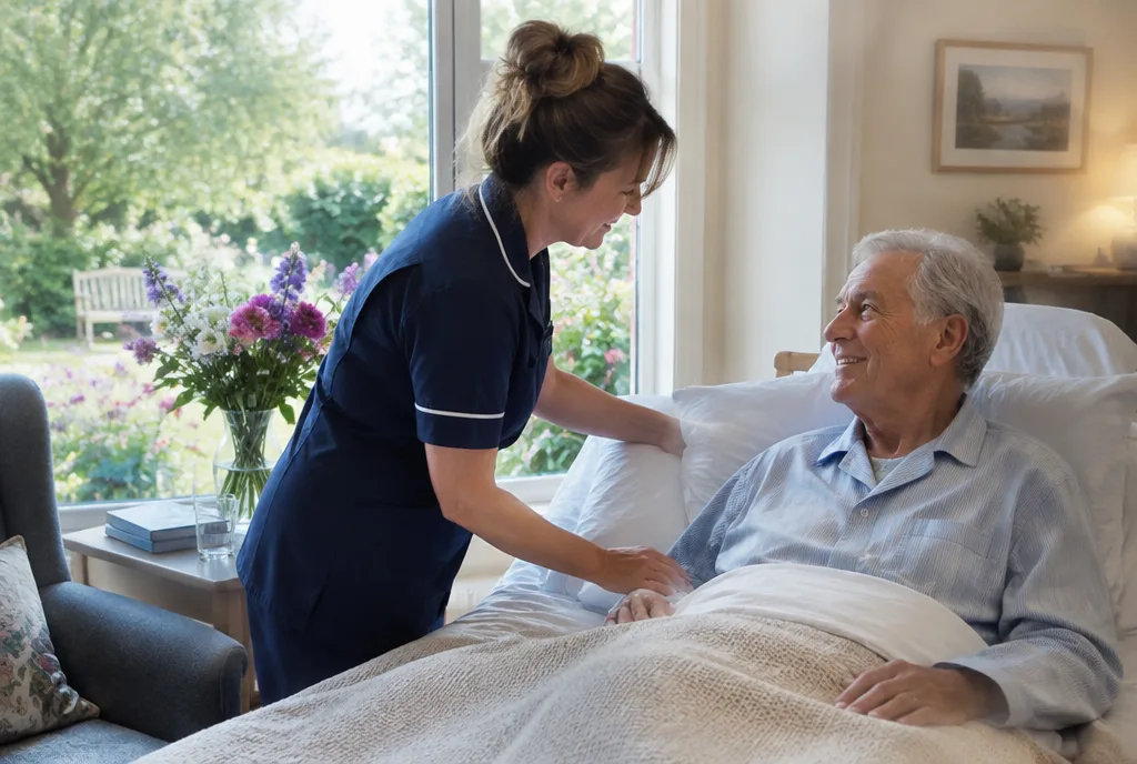 Nurse adjusting pillows for a patient in a bright inpatient hospice room