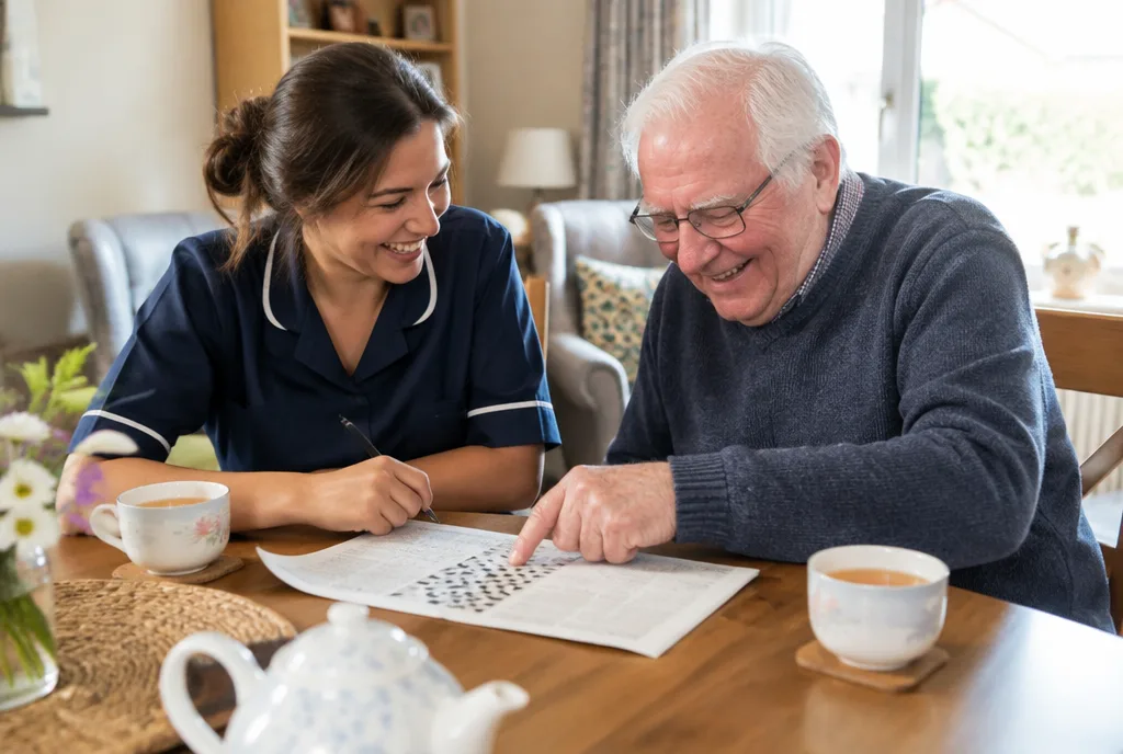 Caregiver and older man doing a crossword puzzle together