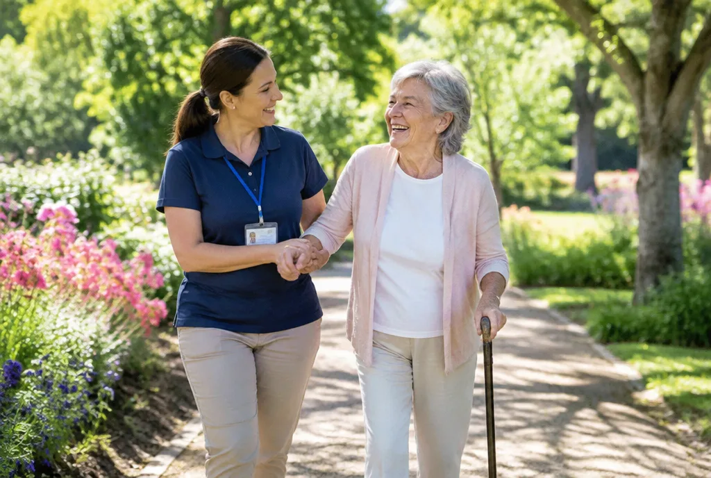 Companion caregiver walking with an older woman in the park