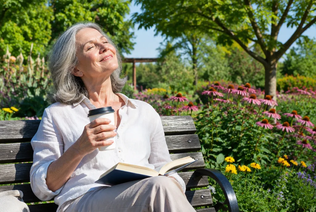 Family caregiver enjoying a break in a garden with coffee and a book