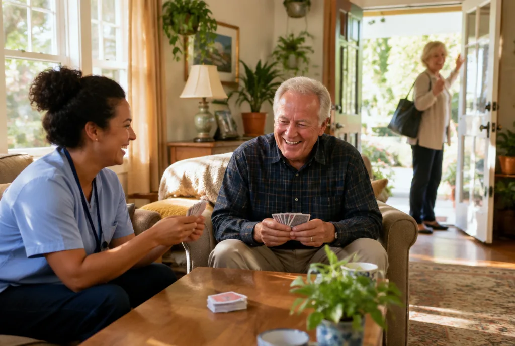 Respite caregiver playing cards with an older man while his wife heads out