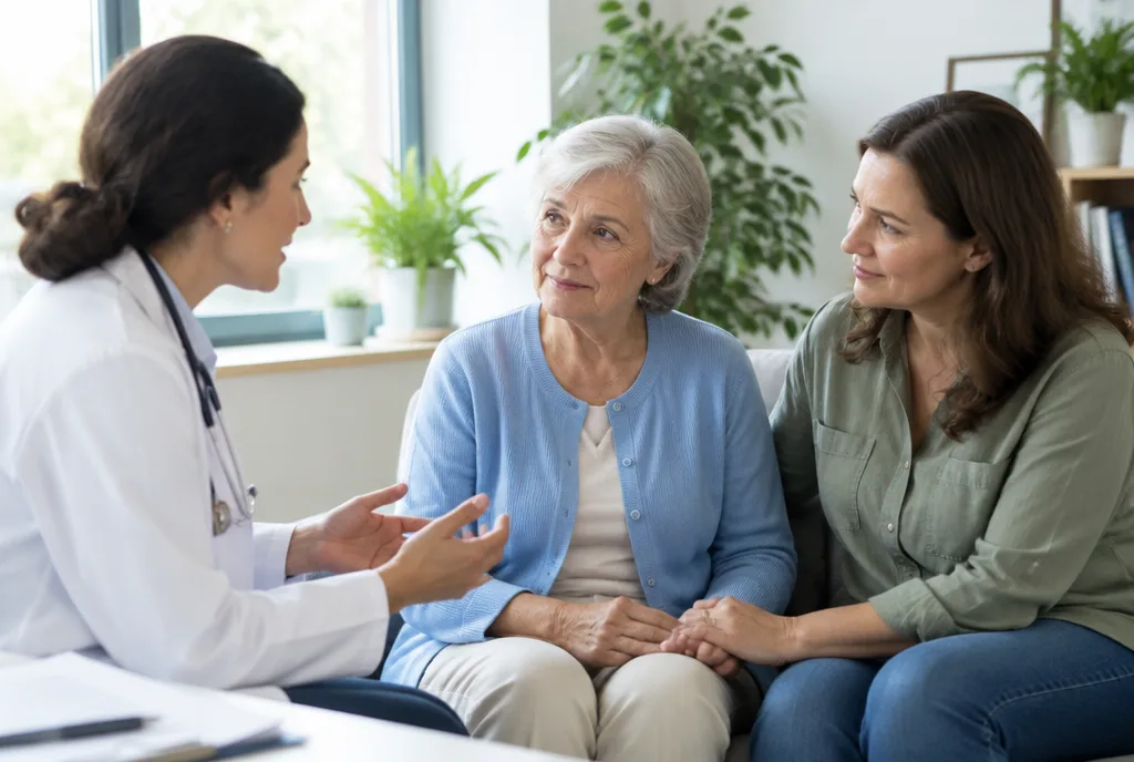 Doctor explaining palliative care to an older woman and her daughter