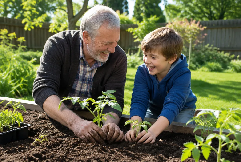 Older man planting tomatoes with his grandson