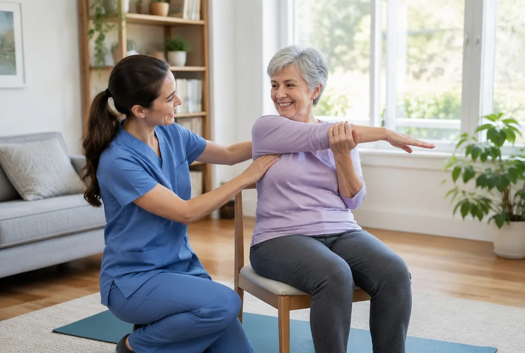 Physical therapist doing gentle stretches with an older woman at home