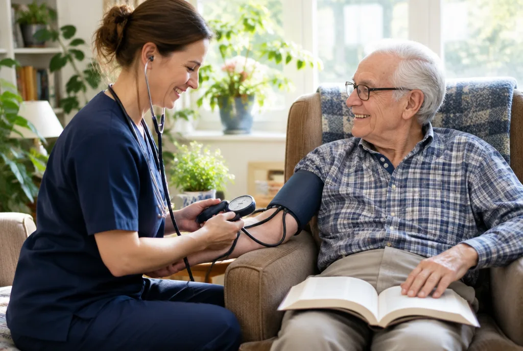 Palliative care nurse checking an older man's blood pressure at home