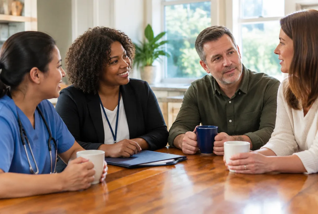 Care team meeting with a nurse, social worker and family at the kitchen table