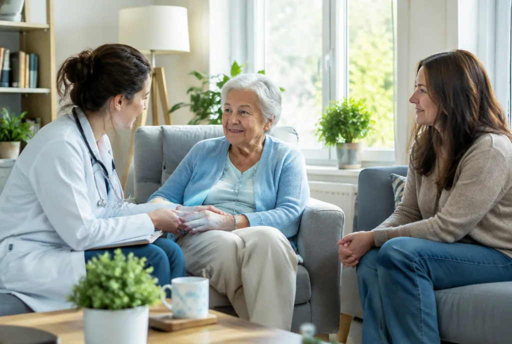 Palliative care doctor talking with an older woman and her daughter at home