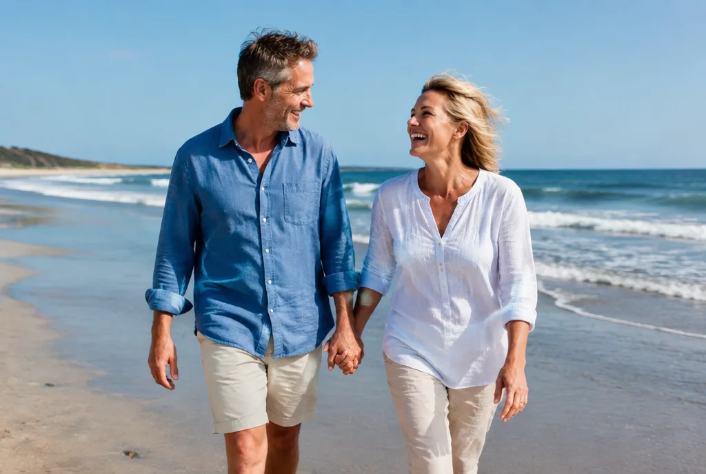 Caregiving couple walking on the beach during a respite break