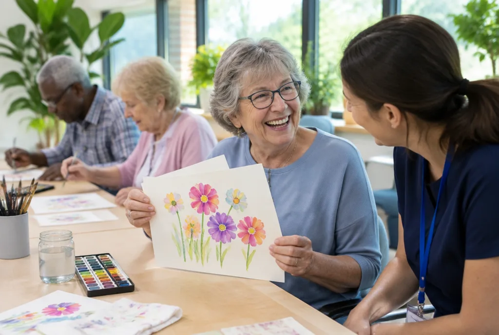 Older adults painting together at an adult day center