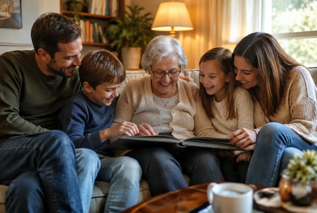 Family looking at a photo album with their grandmother