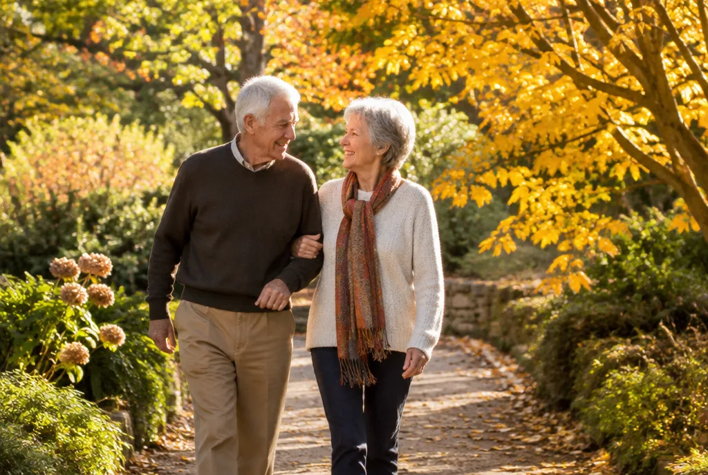 Older couple walking arm in arm in an autumn garden