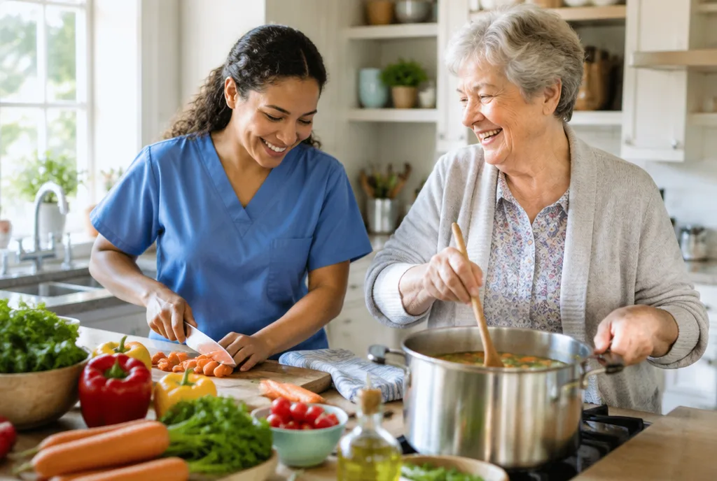Home health aide and older woman cooking lunch together