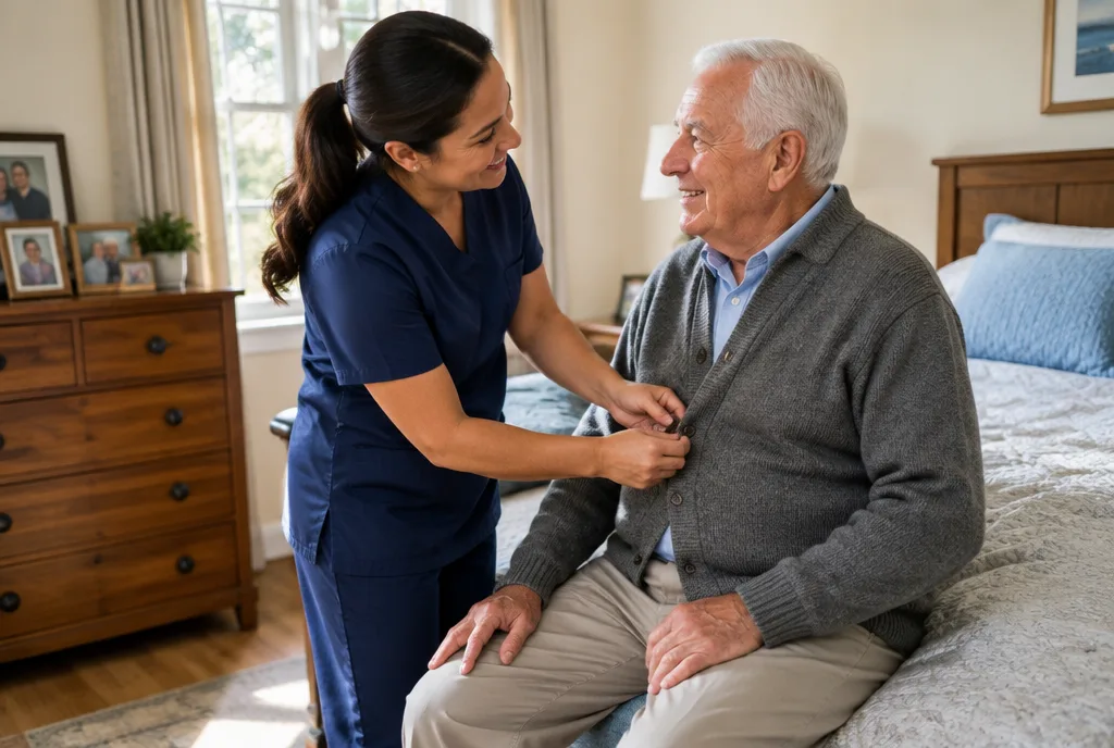 Home health aide helping an older man button his cardigan