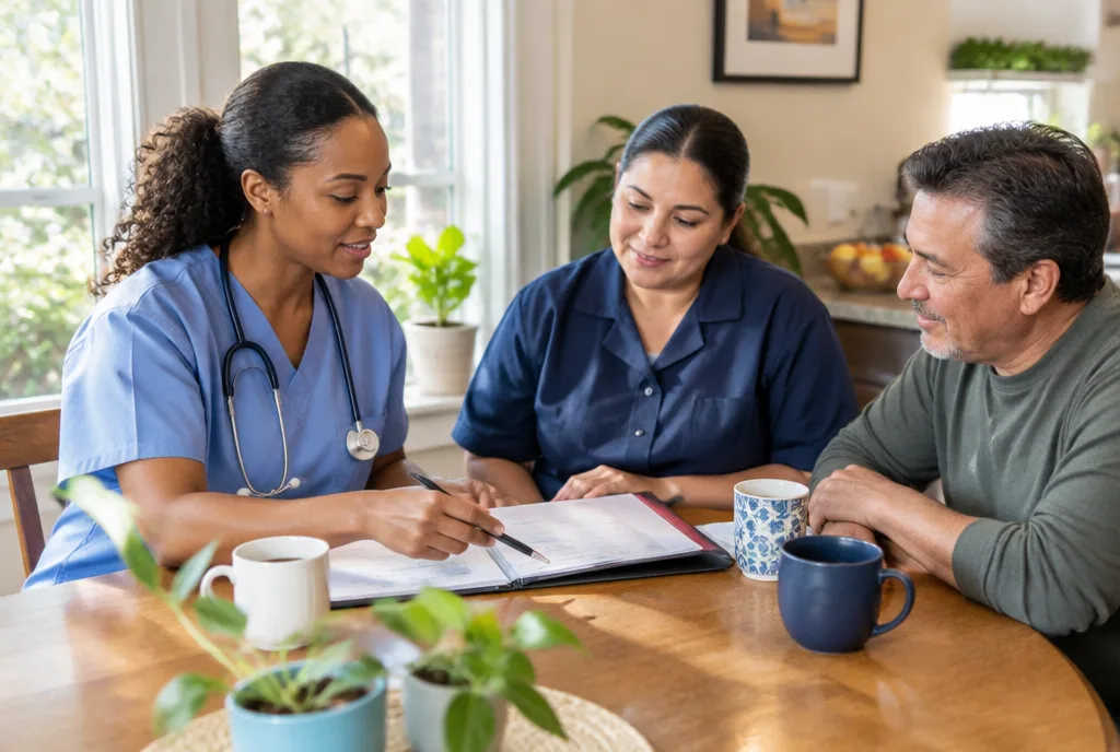 Nurse reviewing a care plan with a home health aide and a family member