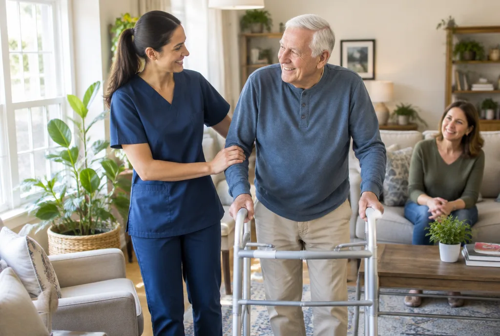 Home health aide helping an older man walk with a walker at home
