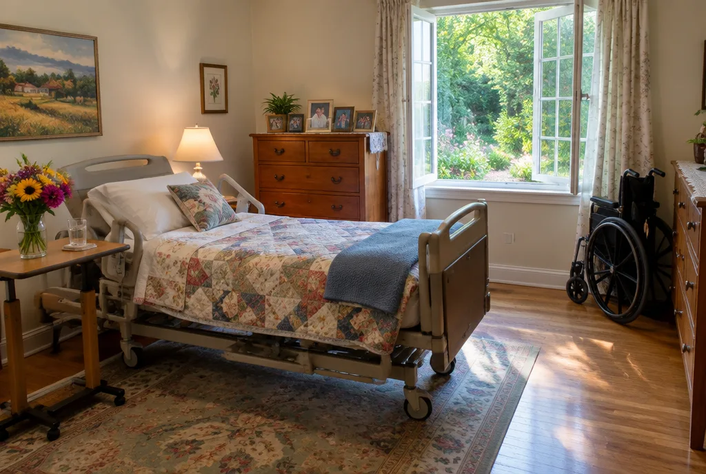 Home bedroom set up with a hospital bed for hospice care