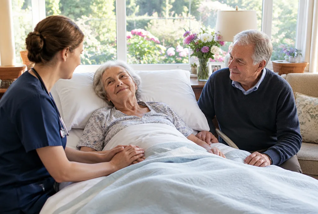 Hospice nurse and husband at the bedside of a woman receiving hospice care at home