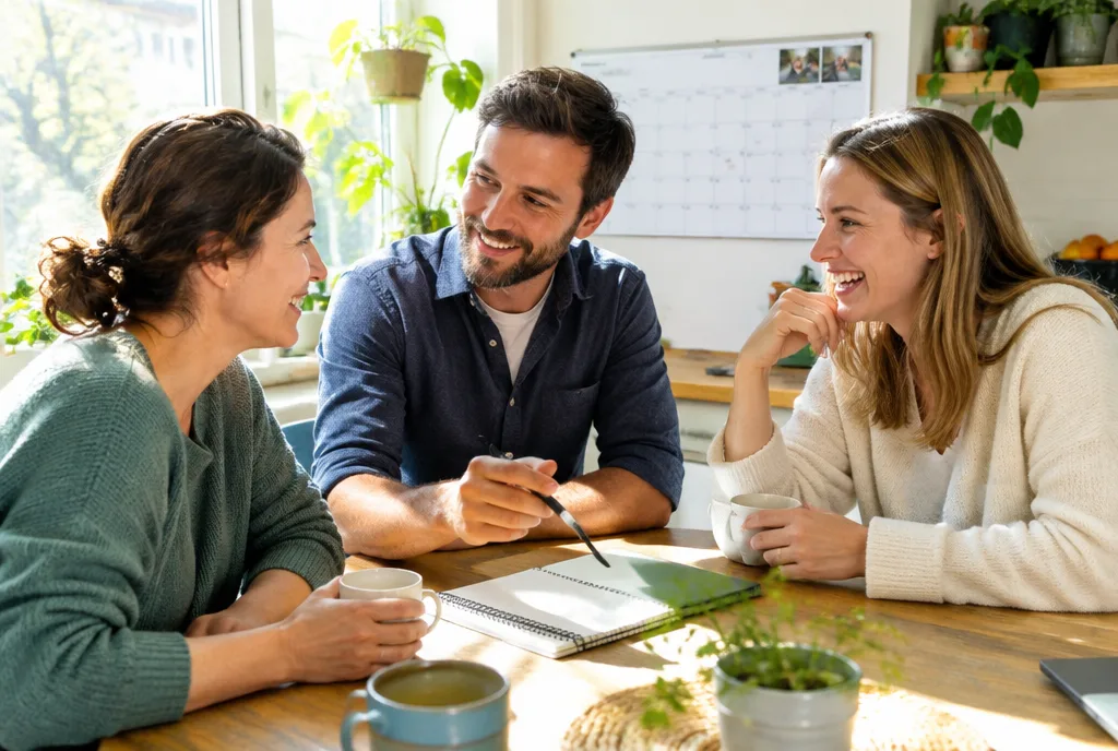 Adult siblings planning their mother's care at the kitchen table