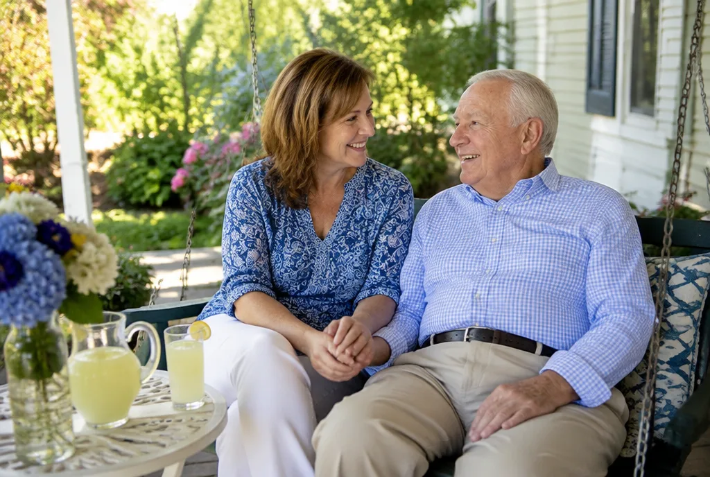 Daughter holding her elderly father's hand on the porch