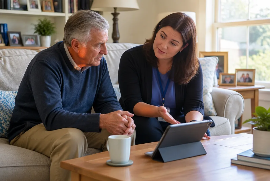 Hospice care coordinator explaining coverage to an older husband