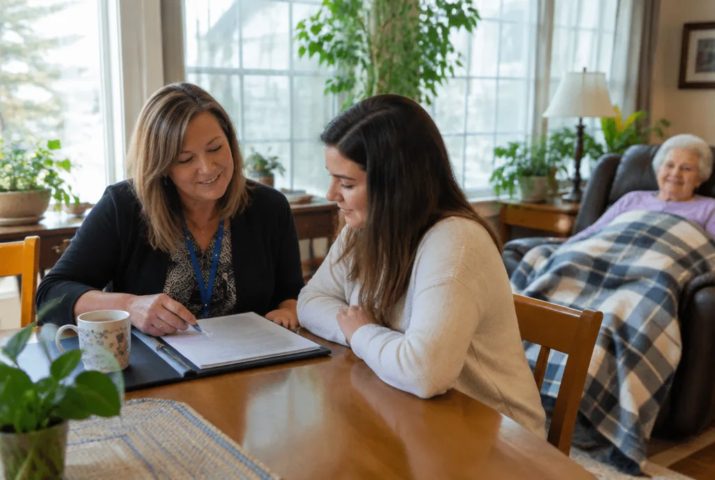 Hospice social worker reviewing paperwork with a daughter while her mother rests